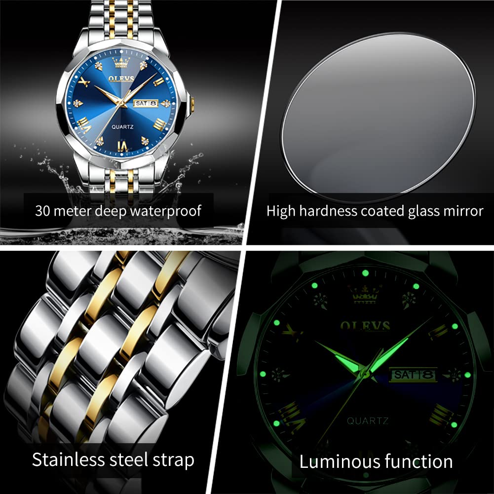 OLEVS Male Wrist Watches, Analog Quartz Business Stainless Steel Waterproof Luminous Watches Luxury Casual Big Diamond Dial Date Multi-Function Chronograph Watches for Man 