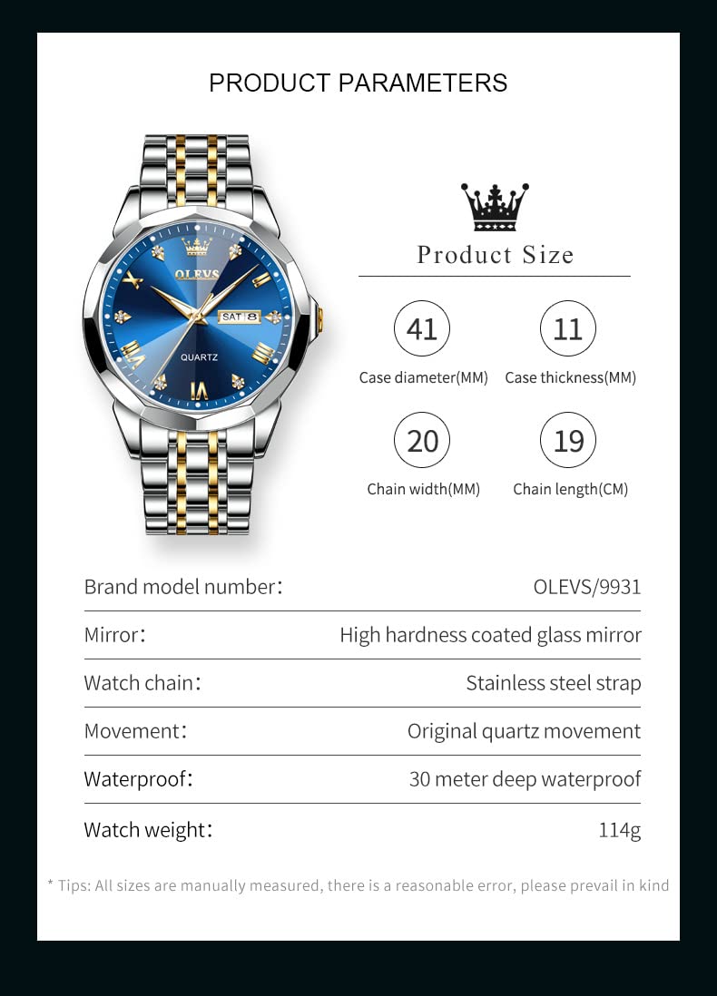OLEVS Male Wrist Watches, Analog Quartz Business Stainless Steel Waterproof Luminous Watches Luxury Casual Big Diamond Dial Date Multi-Function Chronograph Watches for Man 