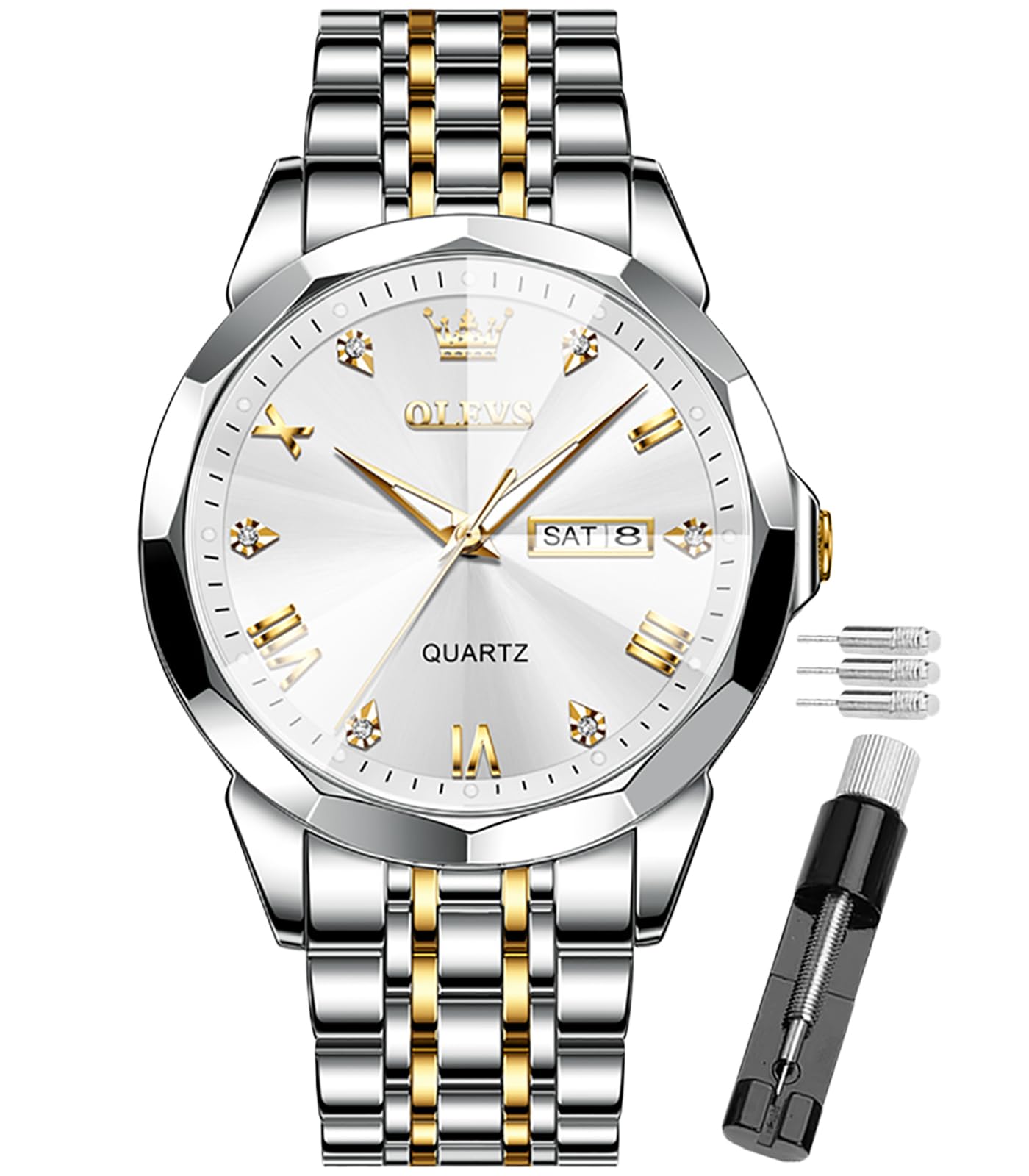 OLEVS Male Wrist Watches, Analog Quartz Business Stainless Steel Waterproof Luminous Watches Luxury Casual Big Diamond Dial Date Multi-Function Chronograph Watches for Man 