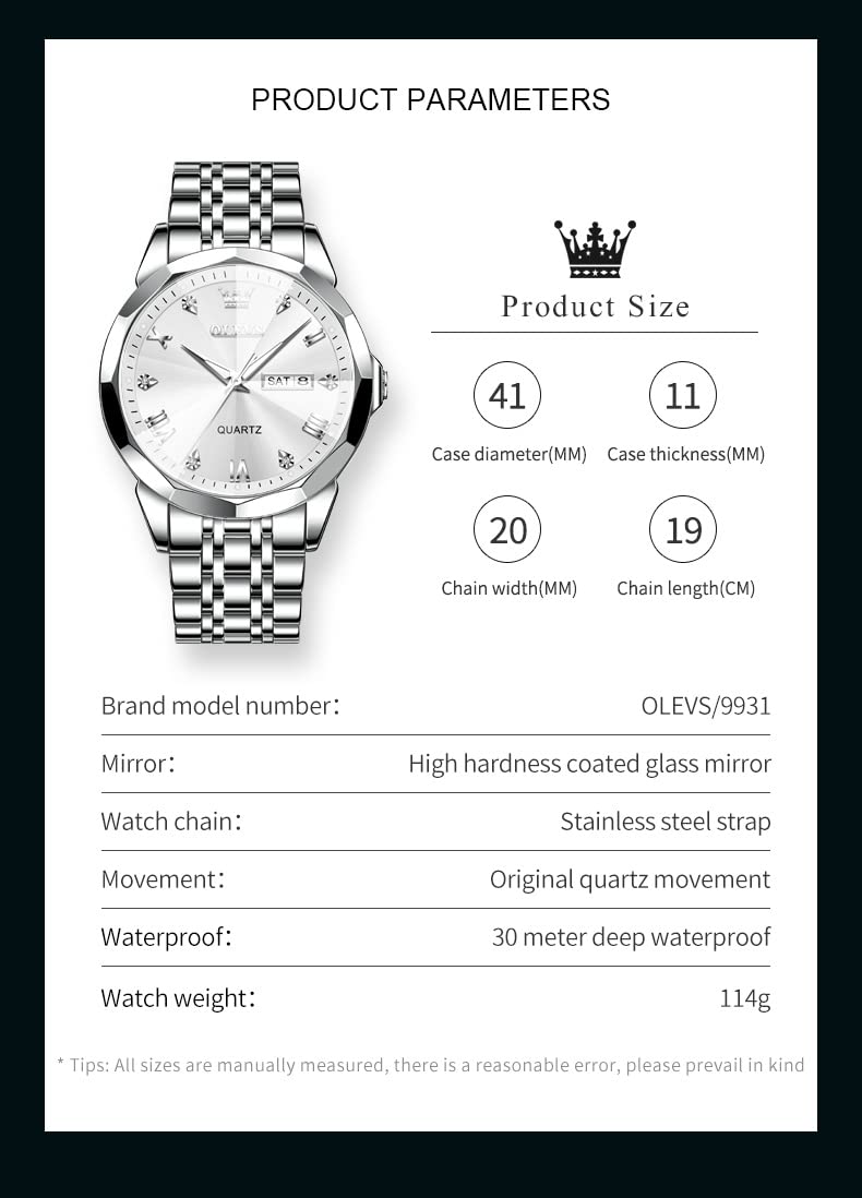 OLEVS Male Wrist Watches, Analog Quartz Business Stainless Steel Waterproof Luminous Watches Luxury Casual Big Diamond Dial Date Multi-Function Chronograph Watches for Man 