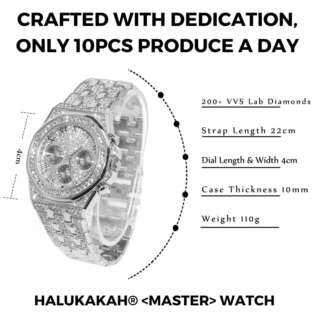 HALUKAKAH Diamonds Gold Watch, Men's 18K Real Gold Plated/White Gold Platinum 40 mm Wide Roman Numerals Dial Quartz Strap 22 cm with Cuban Link Chain 20+45 cm Necklace Bracelet with Box