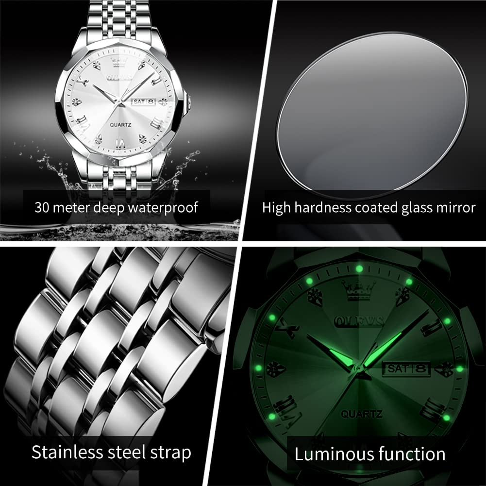 OLEVS Male Wrist Watches, Analog Quartz Business Stainless Steel Waterproof Luminous Watches Luxury Casual Big Diamond Dial Date Multi-Function Chronograph Watches for Man 