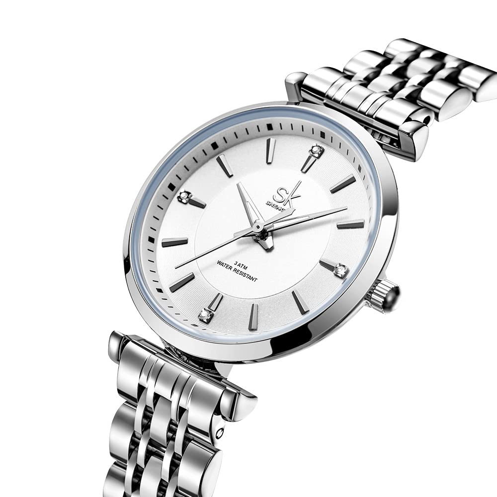 SHENGKE SK Classic Donne Orologi Moda Donne Dress Watch Solido Acciaio Inox Band Cinturino in Vera Pelle