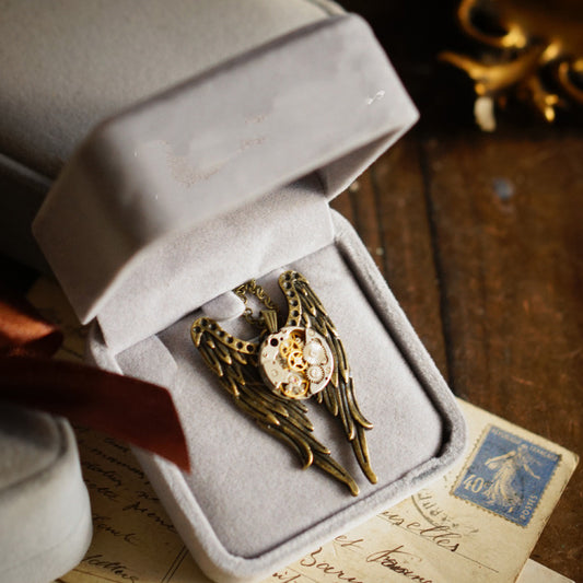 Vintage Steampunk Mechanical Watch Angel Wings Necklace