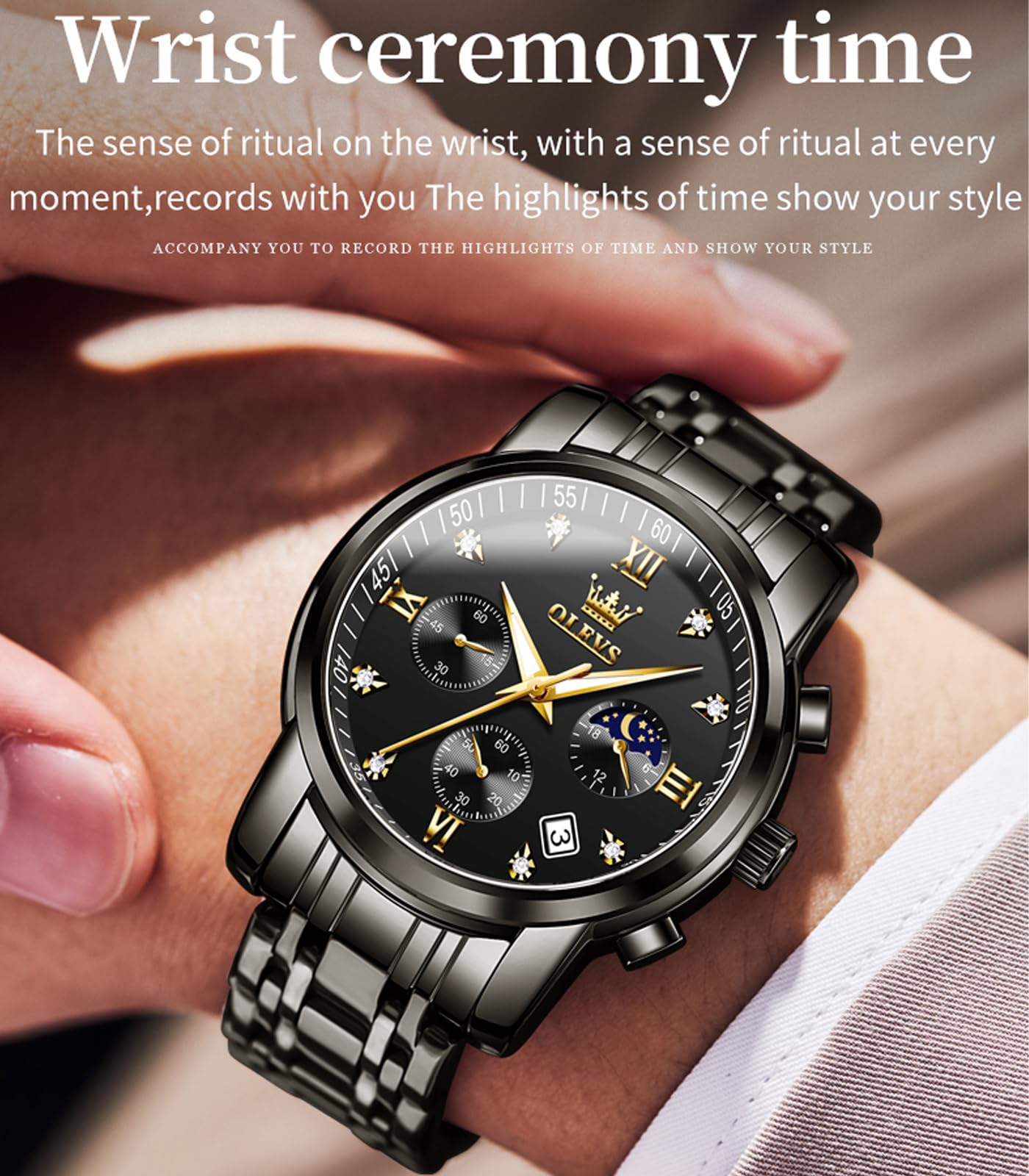 OLEVS Male Wrist Watches, Analog Quartz Business Stainless Steel Waterproof Luminous Watches Luxury Casual Big Diamond Dial Date Multi-Function Chronograph Watches for Man 