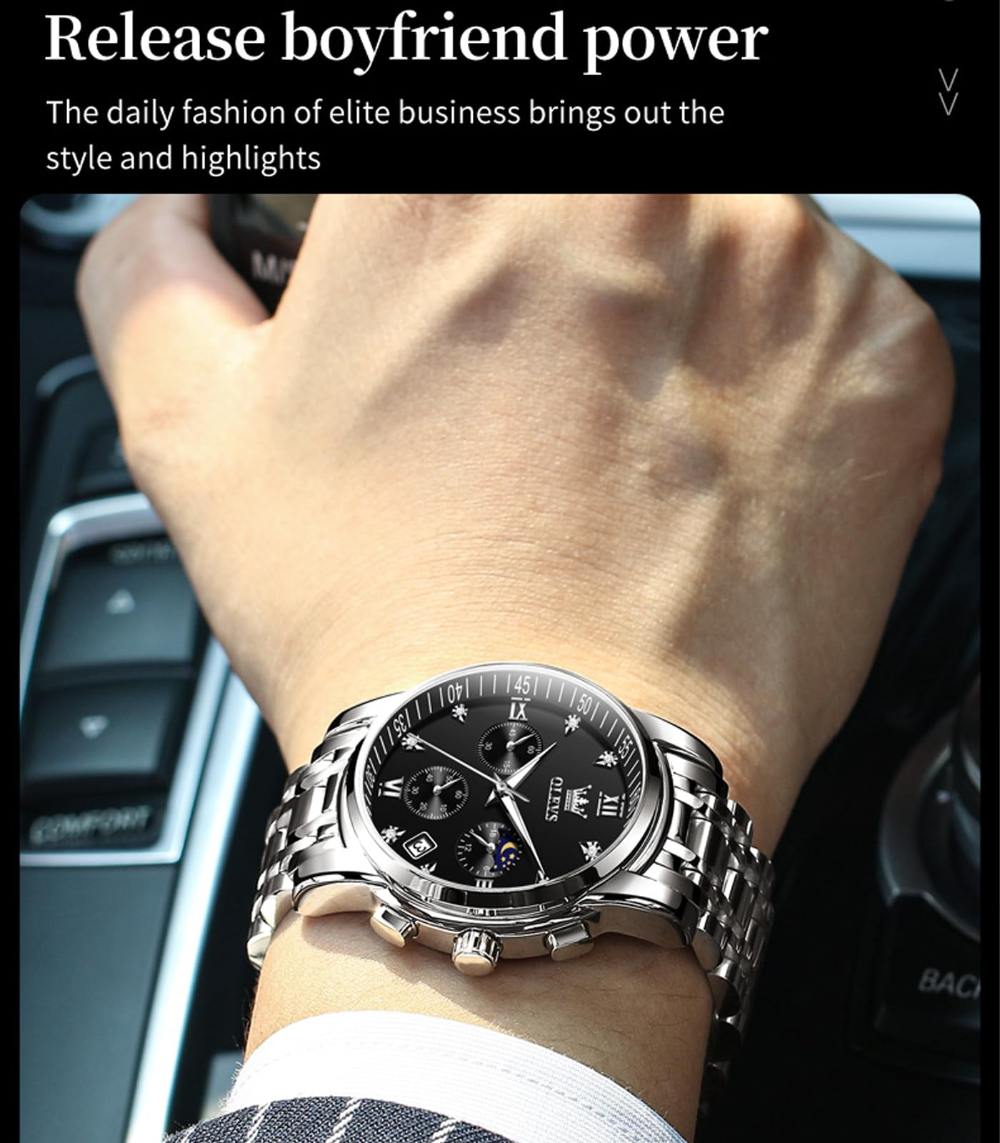 OLEVS Male Wrist Watches, Analog Quartz Business Stainless Steel Waterproof Luminous Watches Luxury Casual Big Diamond Dial Date Multi-Function Chronograph Watches for Man 