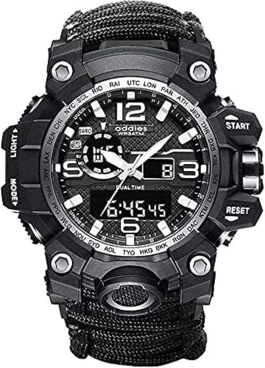 Orologio analogico militare, fischio esterno impermeabile luminoso da uomo bussola orologio da arrampicata multifunzione con cavo per ombrello, cronometro orario a doppio display