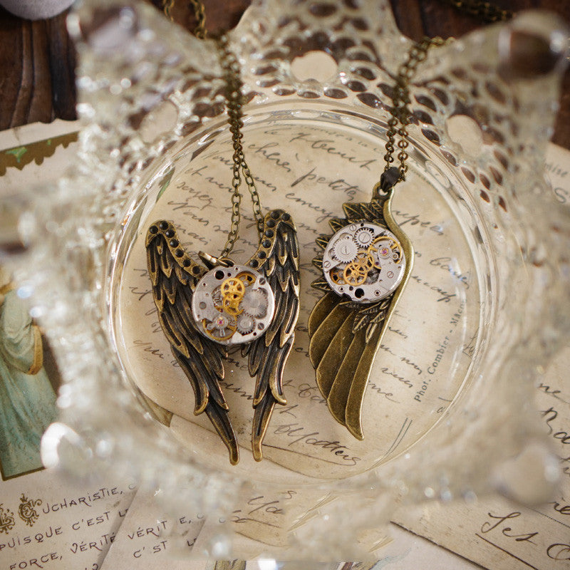 Vintage Steampunk Mechanical Watch Angel Wings Necklace