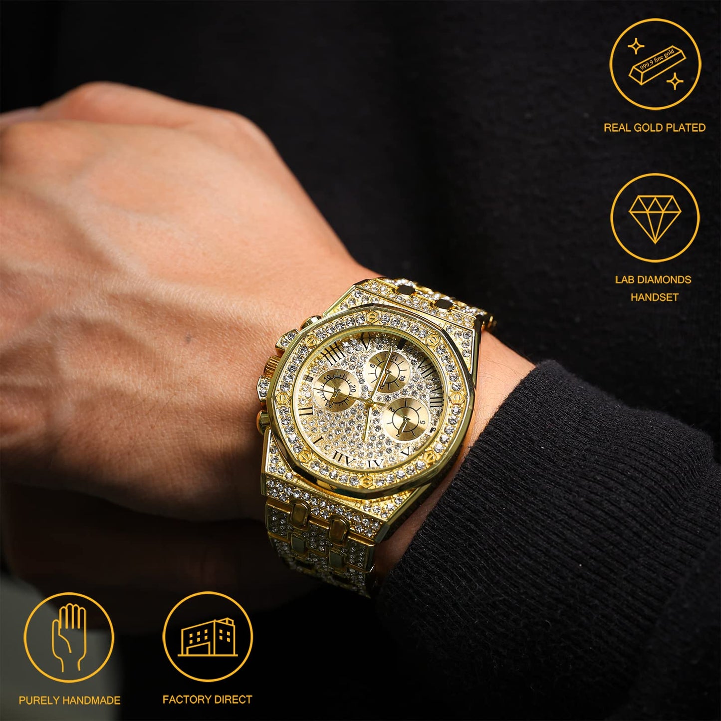 HALUKAKAH Diamonds Gold Watch, Men's 18K Real Gold Plated/White Gold Platinum 40 mm Wide Roman Numerals Dial Quartz Strap 22 cm with Cuban Link Chain 20+45 cm Necklace Bracelet with Box