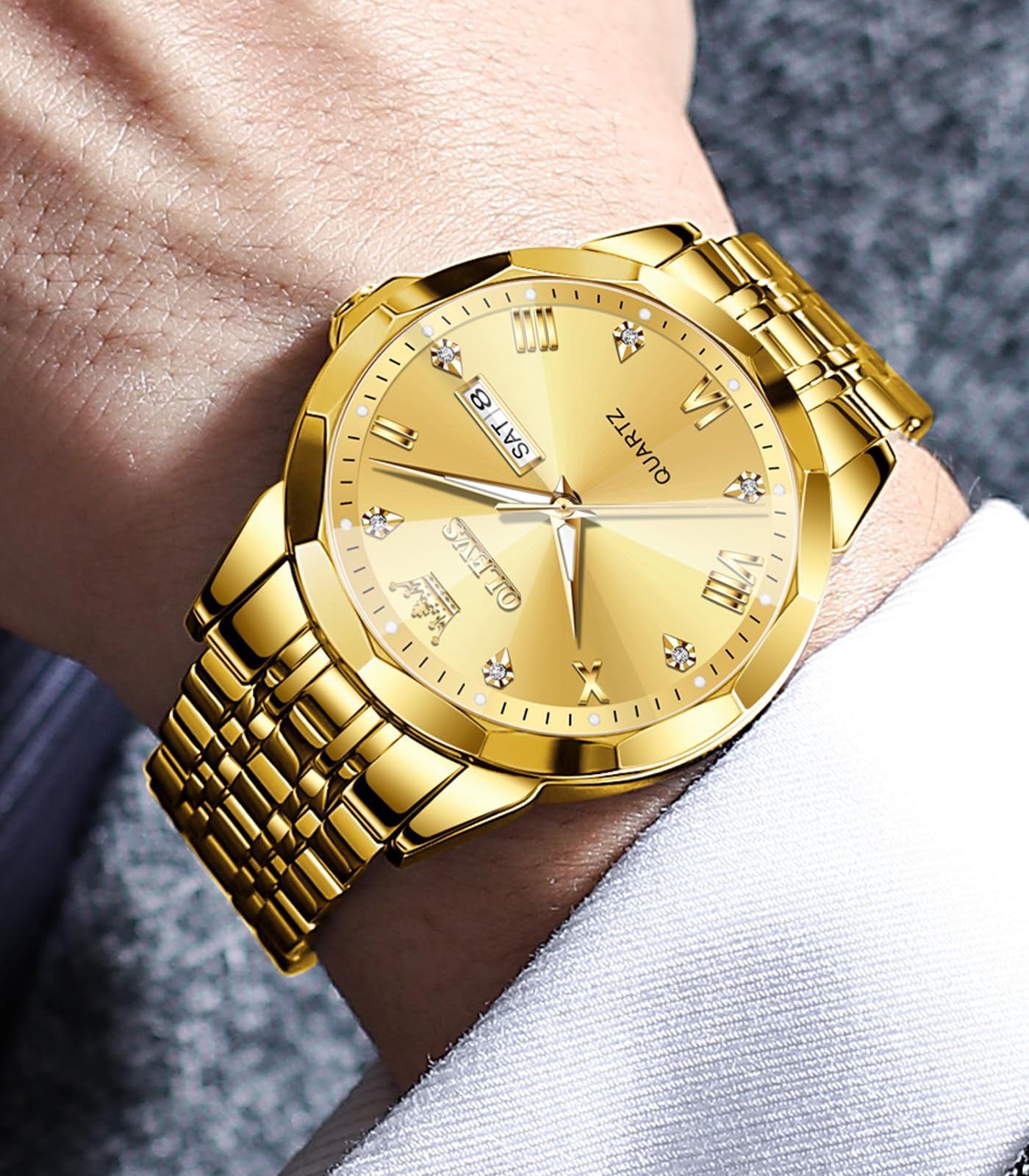 OLEVS Male Wrist Watches, Analog Quartz Business Stainless Steel Waterproof Luminous Watches Luxury Casual Big Diamond Dial Date Multi-Function Chronograph Watches for Man 
