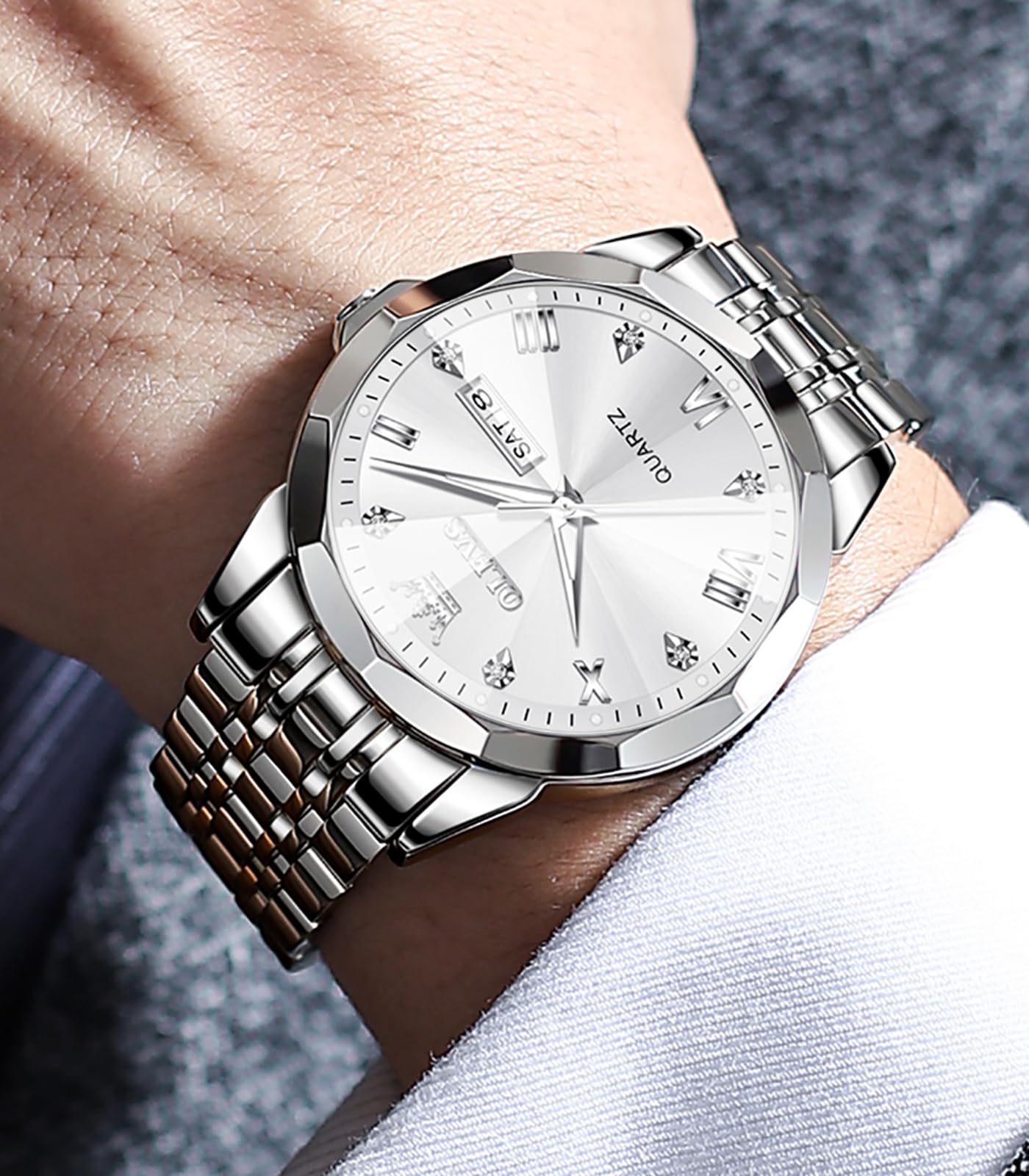 OLEVS Male Wrist Watches, Analog Quartz Business Stainless Steel Waterproof Luminous Watches Luxury Casual Big Diamond Dial Date Multi-Function Chronograph Watches for Man 