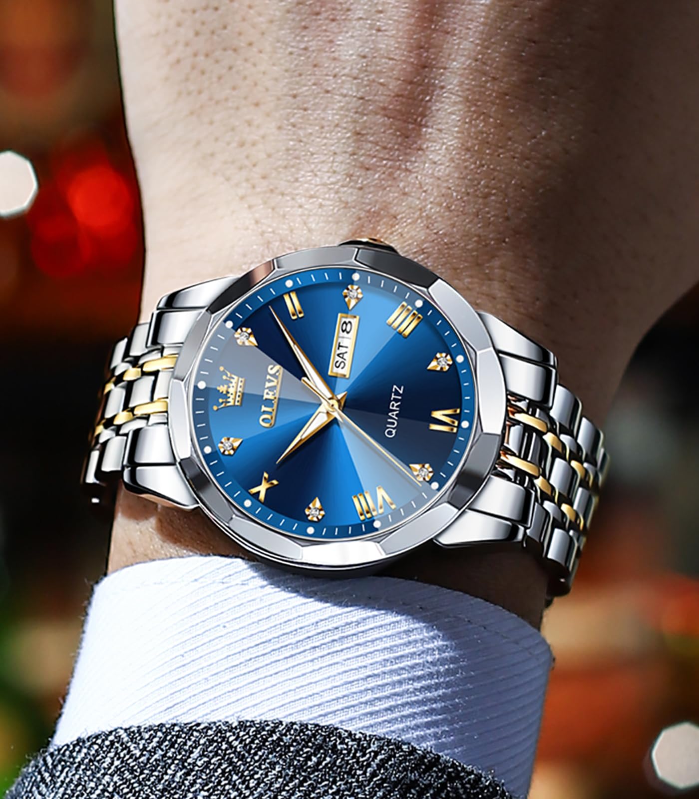 OLEVS Male Wrist Watches, Analog Quartz Business Stainless Steel Waterproof Luminous Watches Luxury Casual Big Diamond Dial Date Multi-Function Chronograph Watches for Man 