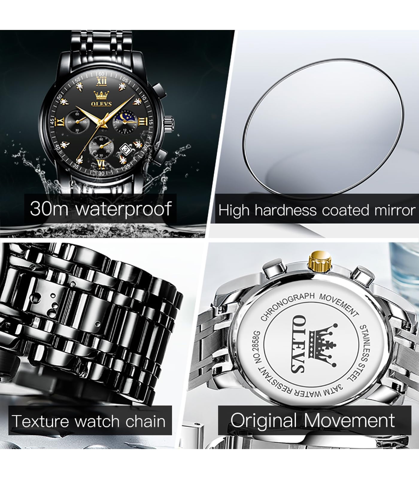 OLEVS Male Wrist Watches, Analog Quartz Business Stainless Steel Waterproof Luminous Watches Luxury Casual Big Diamond Dial Date Multi-Function Chronograph Watches for Man 