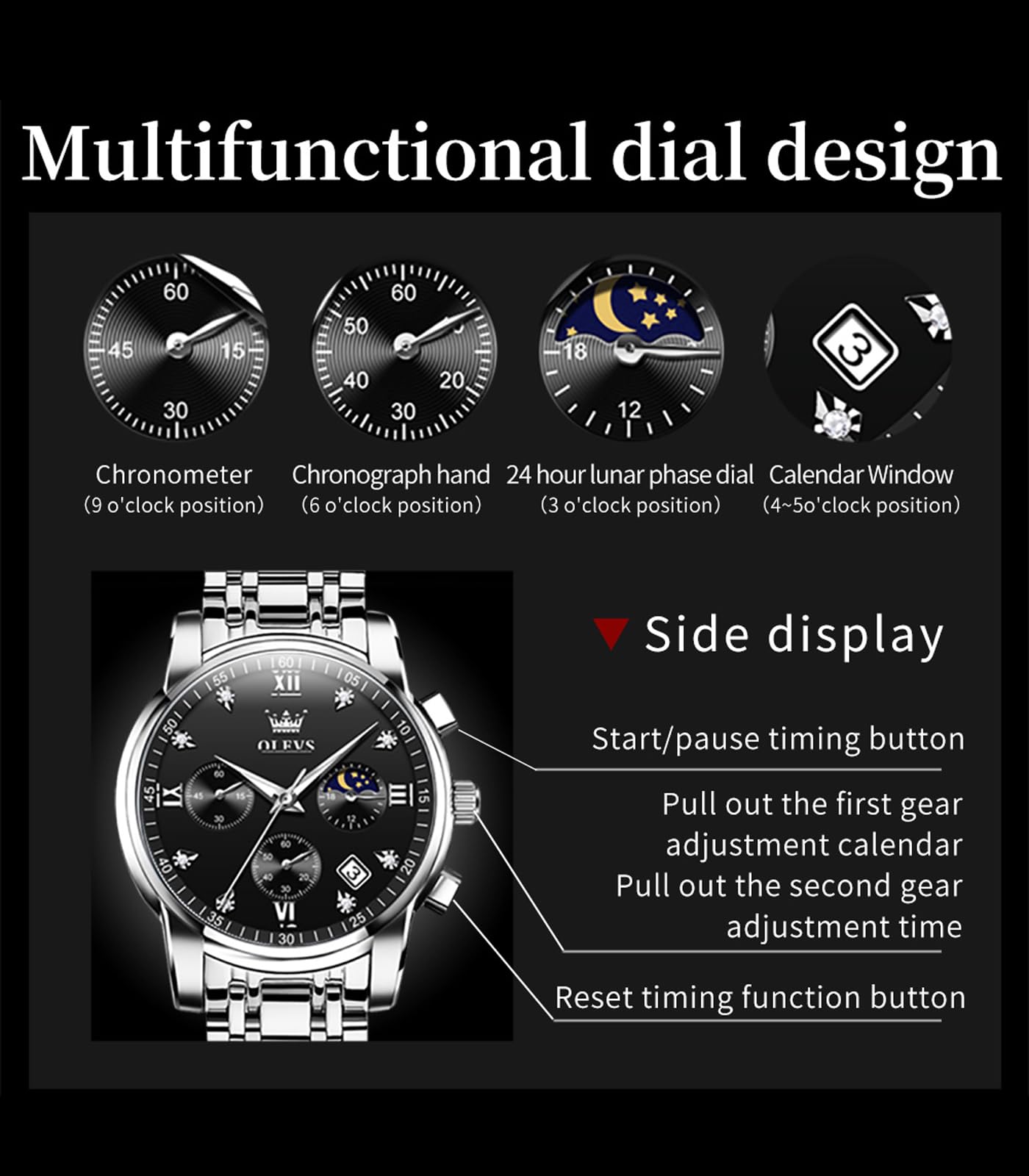 OLEVS Male Wrist Watches, Analog Quartz Business Stainless Steel Waterproof Luminous Watches Luxury Casual Big Diamond Dial Date Multi-Function Chronograph Watches for Man 