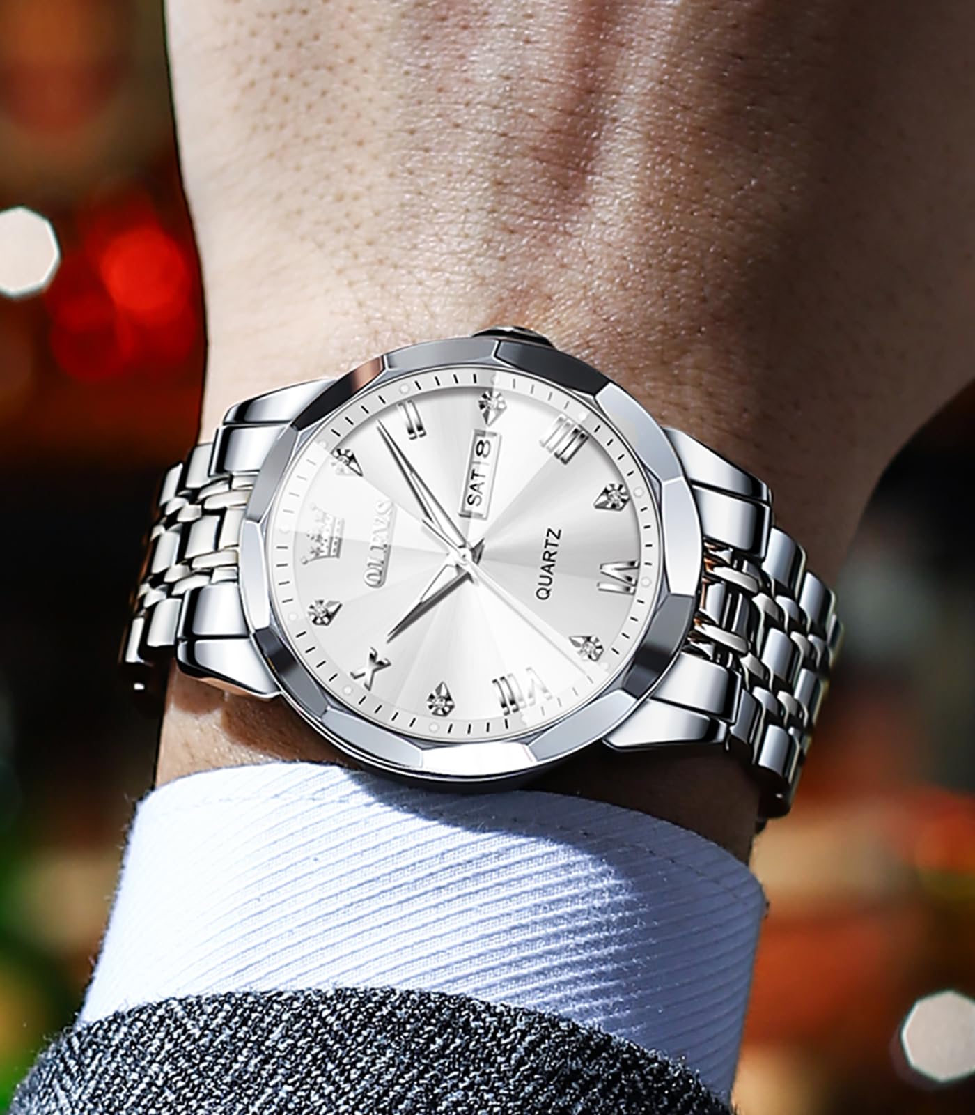 OLEVS Male Wrist Watches, Analog Quartz Business Stainless Steel Waterproof Luminous Watches Luxury Casual Big Diamond Dial Date Multi-Function Chronograph Watches for Man 