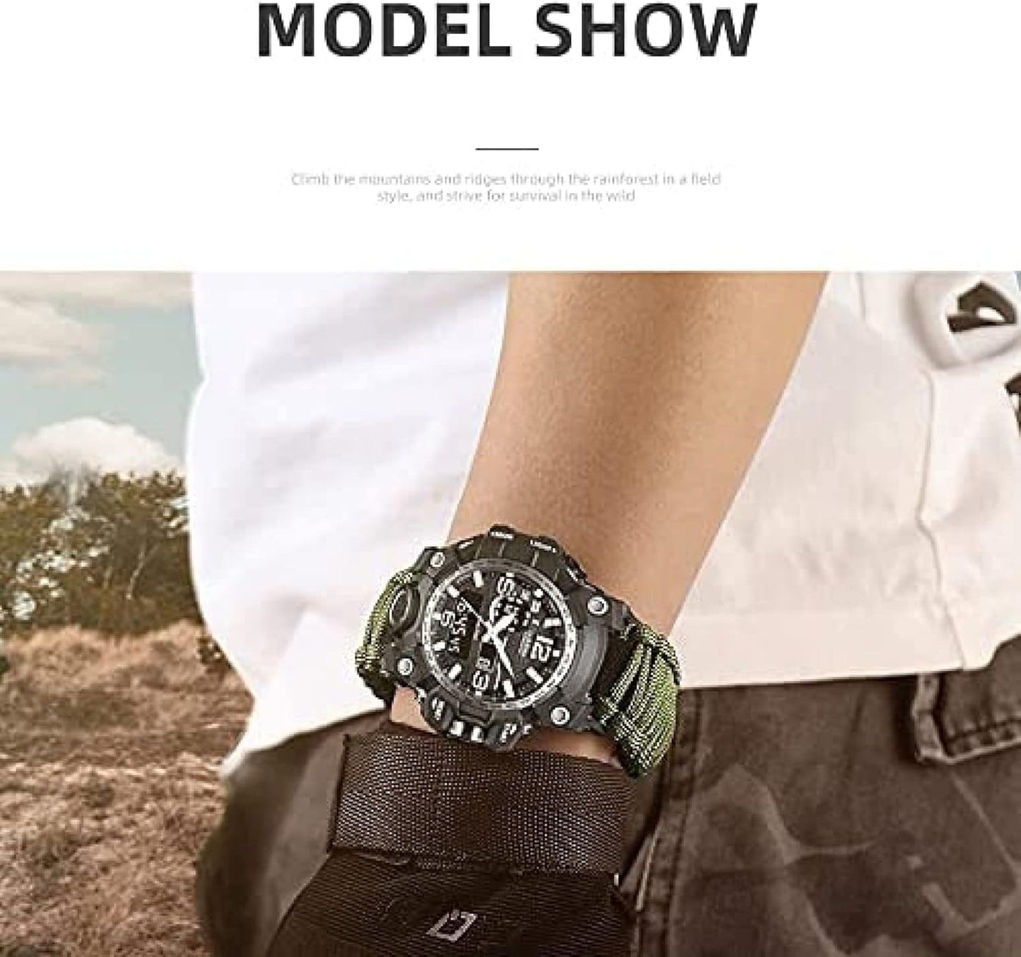 Orologio analogico militare, fischio esterno impermeabile luminoso da uomo bussola orologio da arrampicata multifunzione con cavo per ombrello, cronometro orario a doppio display