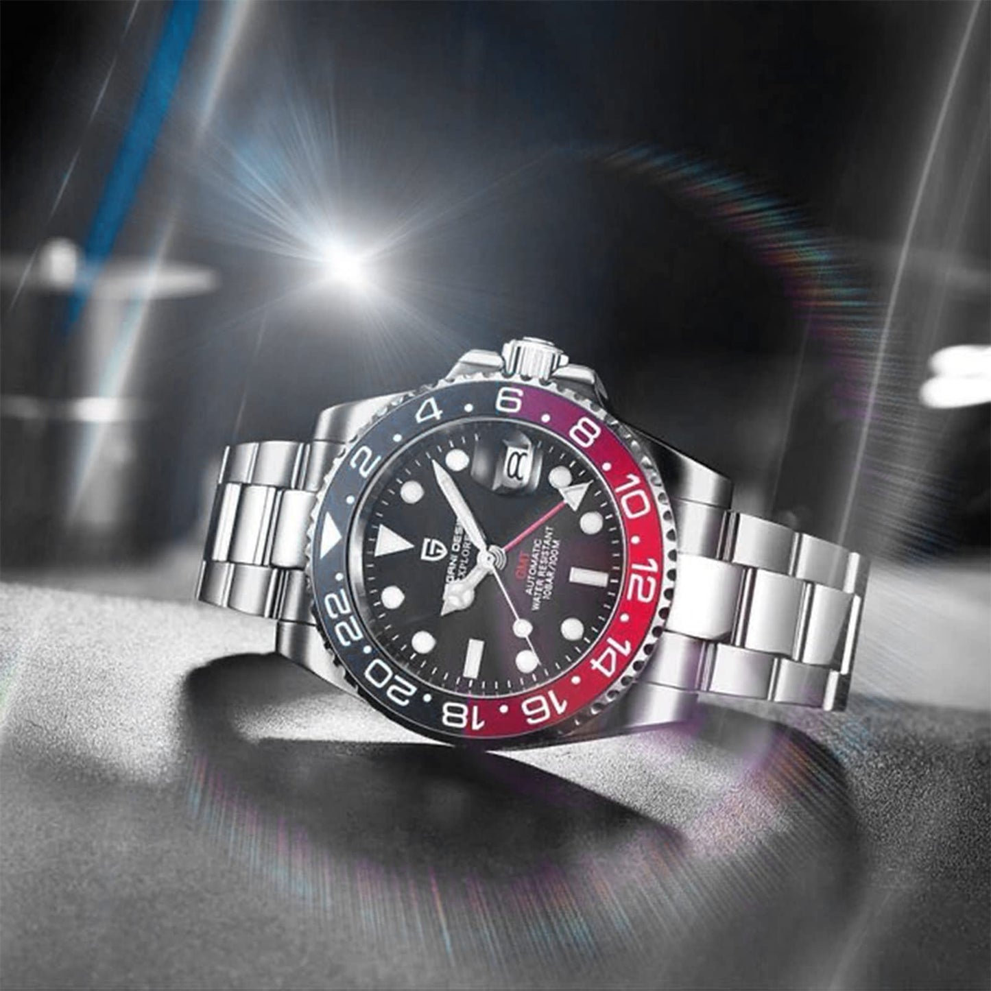 Pagani Design GMT Orologio da Uomo Orologio Meccanico Automatico Acciaio Inossidabile Impermeabile 100M, Data, Luminoso, Lunetta in Ceramica, Vetro Zaffiro Orologi da Polso