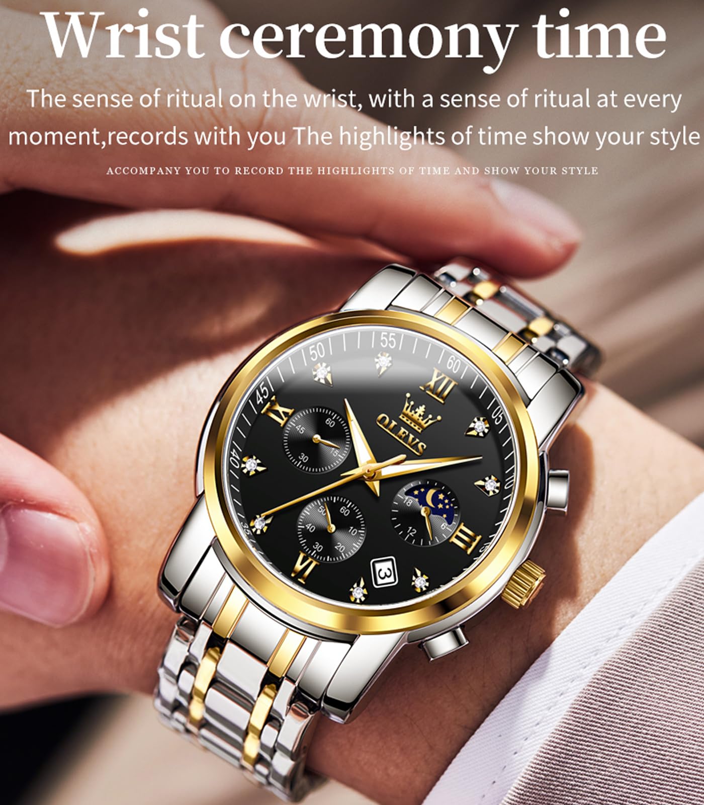 OLEVS Male Wrist Watches, Analog Quartz Business Stainless Steel Waterproof Luminous Watches Luxury Casual Big Diamond Dial Date Multi-Function Chronograph Watches for Man 