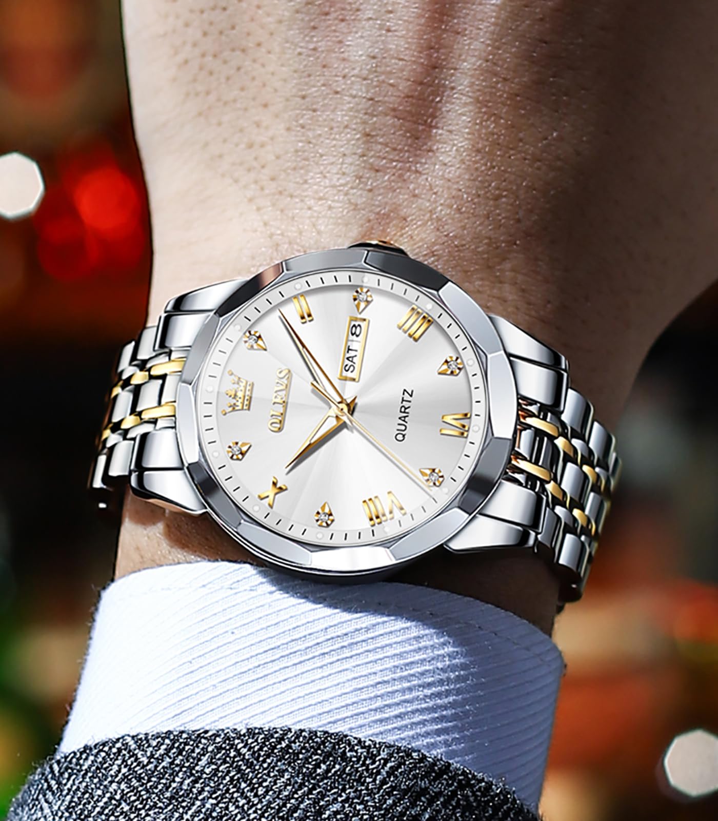 OLEVS Male Wrist Watches, Analog Quartz Business Stainless Steel Waterproof Luminous Watches Luxury Casual Big Diamond Dial Date Multi-Function Chronograph Watches for Man 