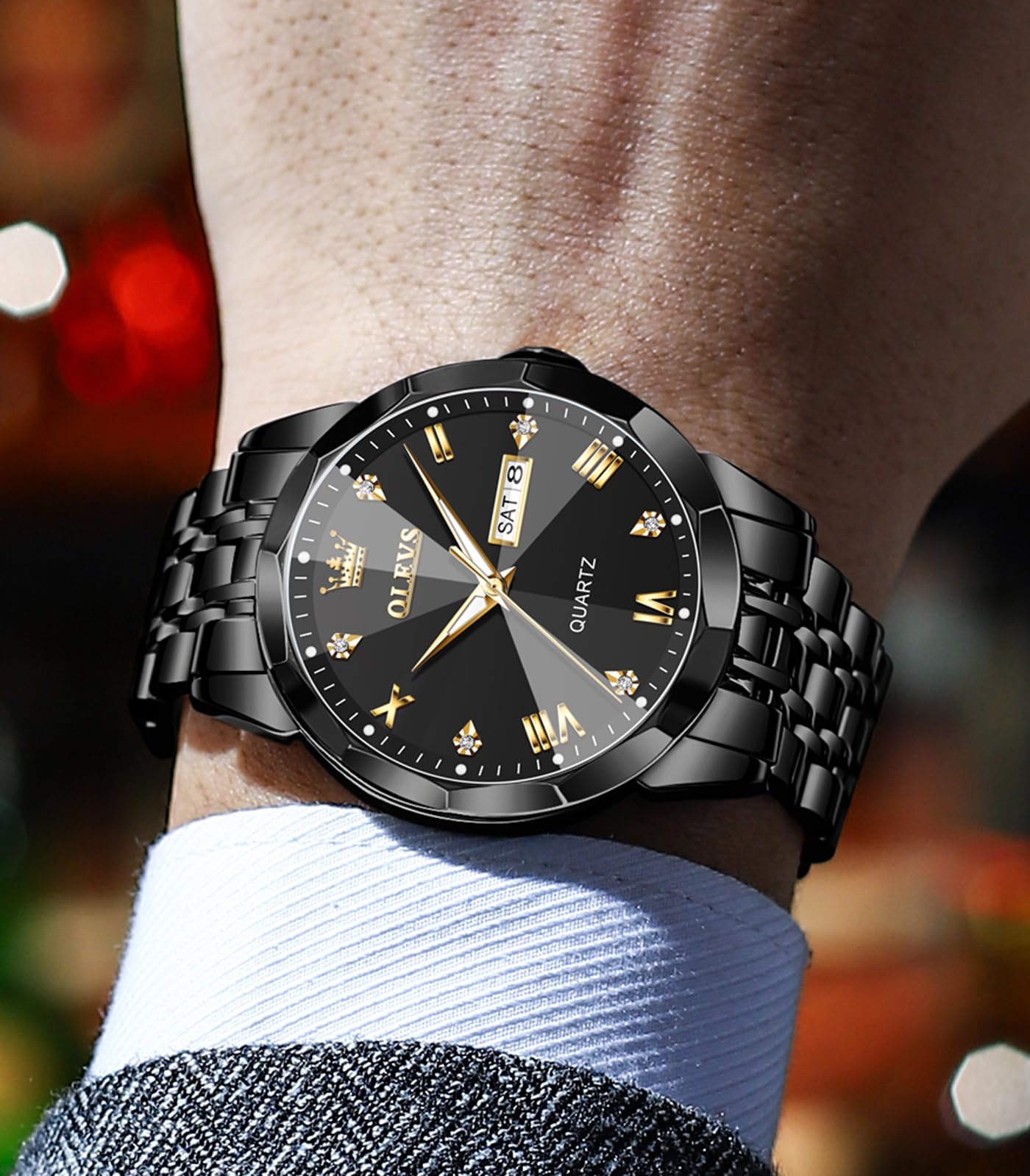 OLEVS Male Wrist Watches, Analog Quartz Business Stainless Steel Waterproof Luminous Watches Luxury Casual Big Diamond Dial Date Multi-Function Chronograph Watches for Man 