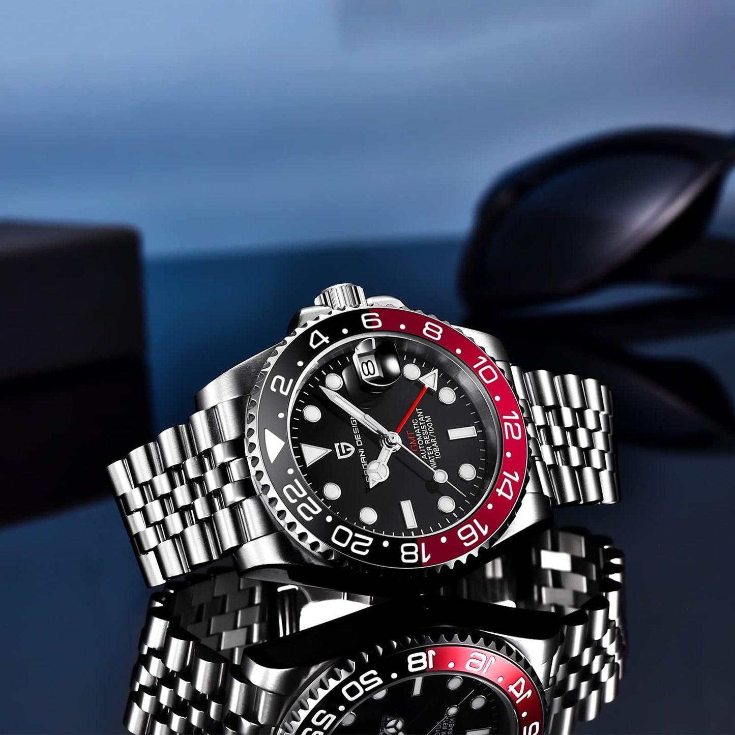Pagani Design GMT Orologio da Uomo Orologio Meccanico Automatico Acciaio Inossidabile Impermeabile 100M, Data, Luminoso, Lunetta in Ceramica, Vetro Zaffiro Orologi da Polso