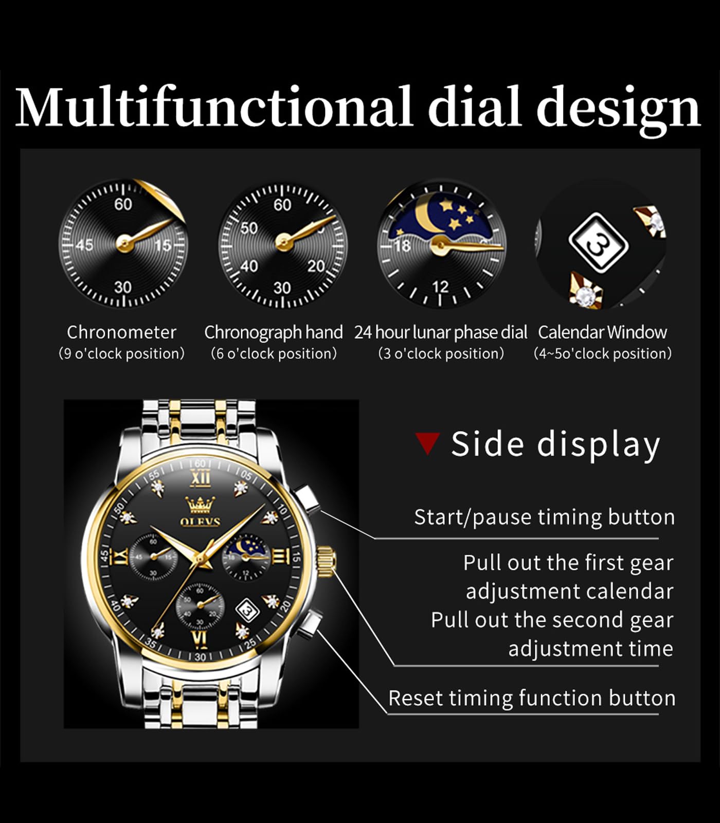 OLEVS Male Wrist Watches, Analog Quartz Business Stainless Steel Waterproof Luminous Watches Luxury Casual Big Diamond Dial Date Multi-Function Chronograph Watches for Man 