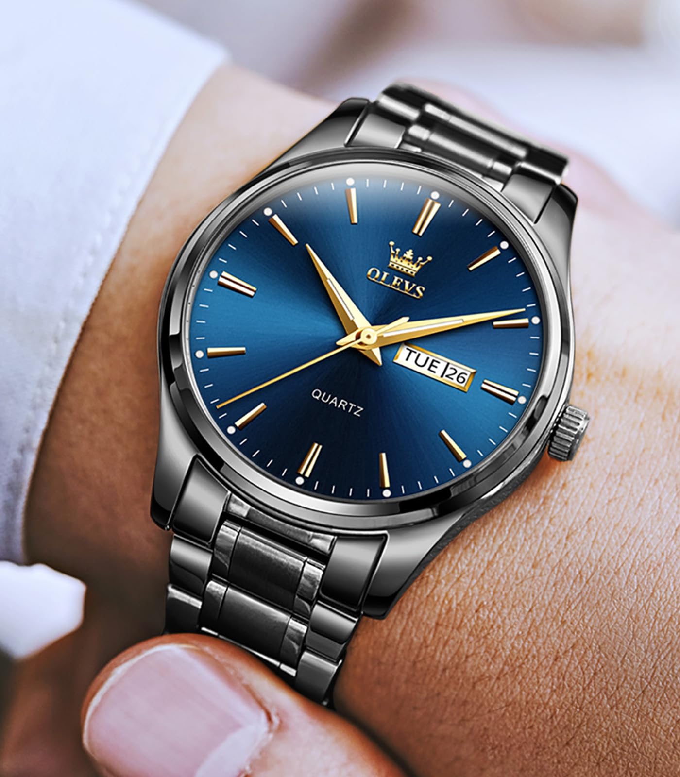 OLEVS Male Wrist Watches, Analog Quartz Business Stainless Steel Waterproof Luminous Watches Luxury Casual Big Diamond Dial Date Multi-Function Chronograph Watches for Man 