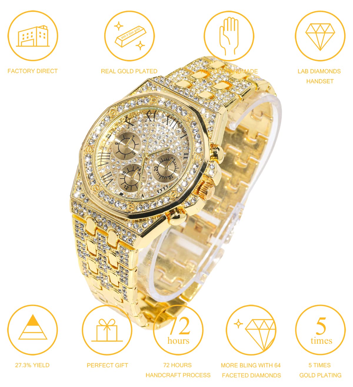 HALUKAKAH Diamonds Gold Watch, Men's 18K Real Gold Plated/White Gold Platinum 40 mm Wide Roman Numerals Dial Quartz Strap 22 cm with Cuban Link Chain 20+45 cm Necklace Bracelet with Box