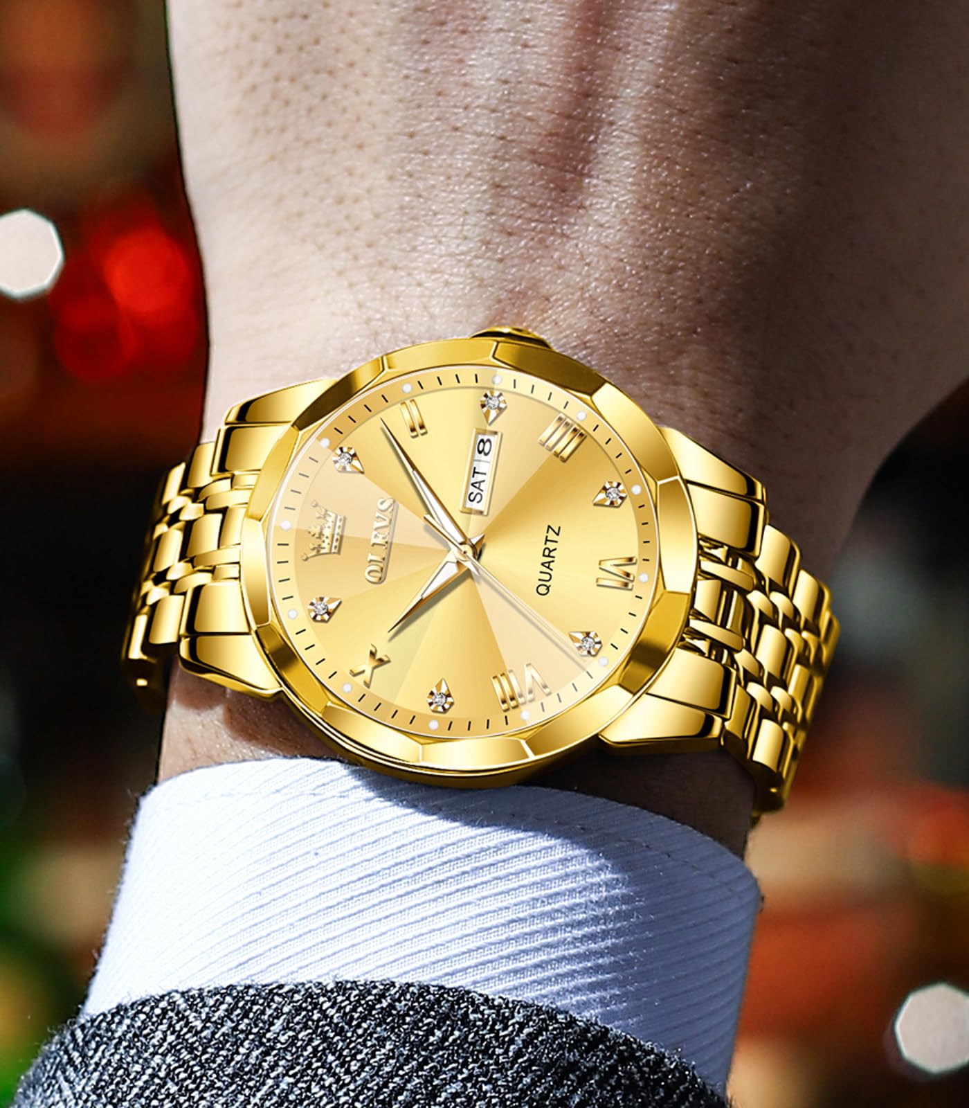 OLEVS Male Wrist Watches, Analog Quartz Business Stainless Steel Waterproof Luminous Watches Luxury Casual Big Diamond Dial Date Multi-Function Chronograph Watches for Man 