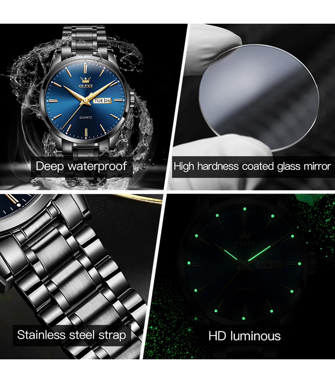 OLEVS Male Wrist Watches, Analog Quartz Business Stainless Steel Waterproof Luminous Watches Luxury Casual Big Diamond Dial Date Multi-Function Chronograph Watches for Man 