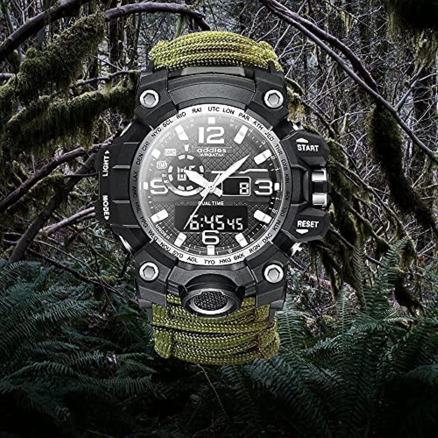 Orologio analogico militare, fischio esterno impermeabile luminoso da uomo bussola orologio da arrampicata multifunzione con cavo per ombrello, cronometro orario a doppio display