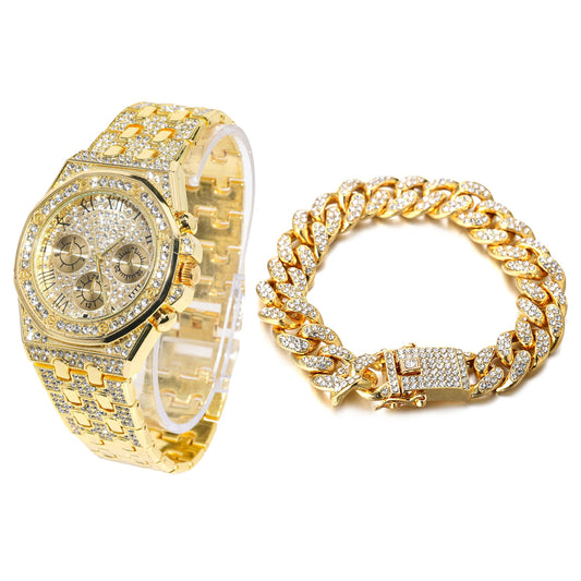 HALUKAKAH Diamonds Gold Watch, Men's 18K Real Gold Plated/White Gold Platinum 40 mm Wide Roman Numerals Dial Quartz Strap 22 cm with Cuban Link Chain 20+45 cm Necklace Bracelet with Box