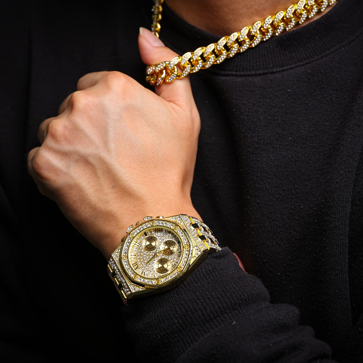 HALUKAKAH Diamonds Gold Watch, Men's 18K Real Gold Plated/White Gold Platinum 40 mm Wide Roman Numerals Dial Quartz Strap 22 cm with Cuban Link Chain 20+45 cm Necklace Bracelet with Box