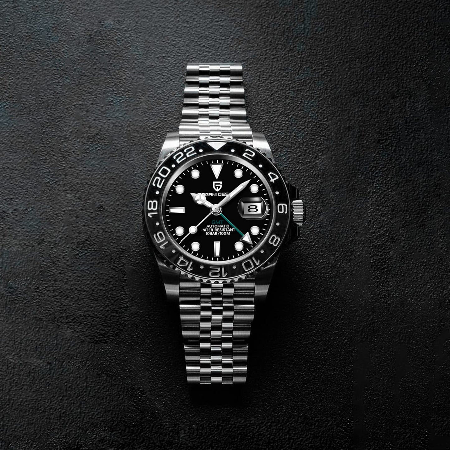Pagani Design GMT Orologio da Uomo Orologio Meccanico Automatico Acciaio Inossidabile Impermeabile 100M, Data, Luminoso, Lunetta in Ceramica, Vetro Zaffiro Orologi da Polso