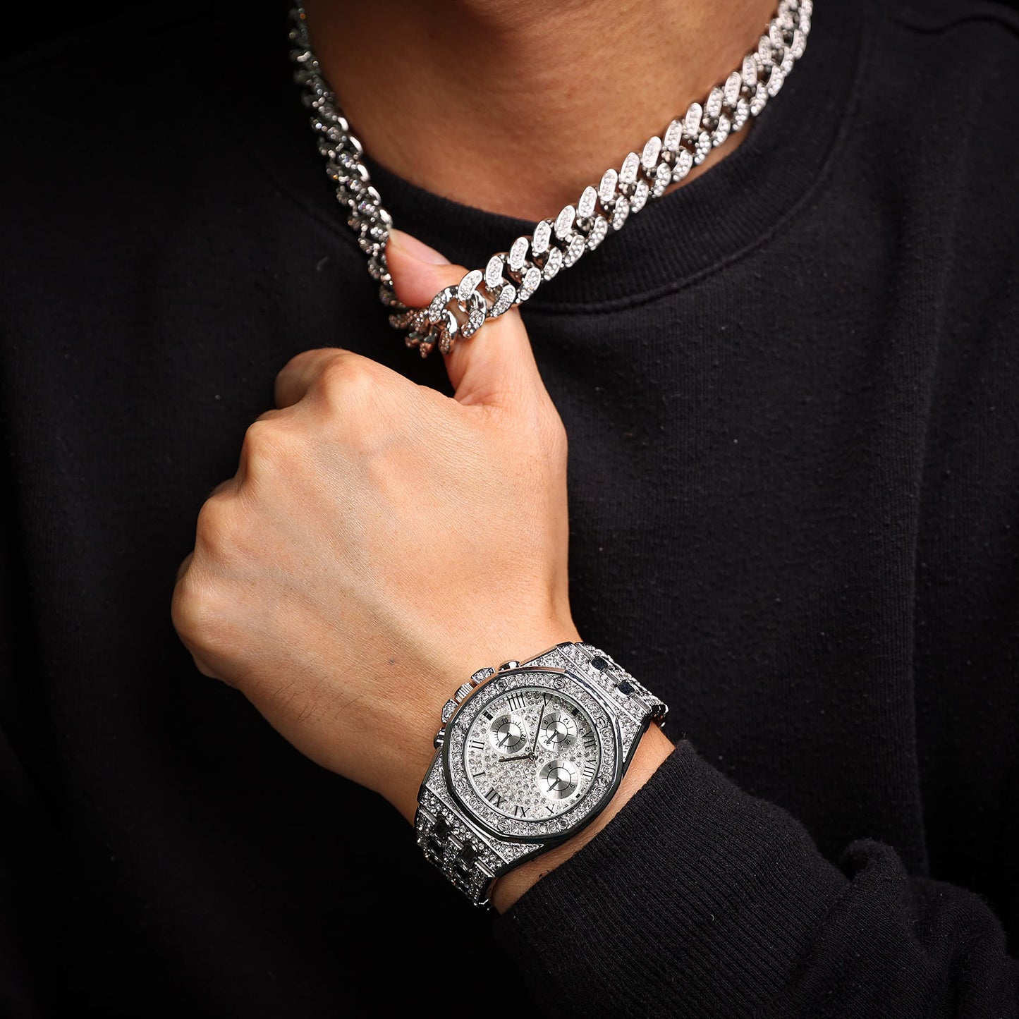 HALUKAKAH Diamonds Gold Watch, Men's 18K Real Gold Plated/White Gold Platinum 40 mm Wide Roman Numerals Dial Quartz Strap 22 cm with Cuban Link Chain 20+45 cm Necklace Bracelet with Box