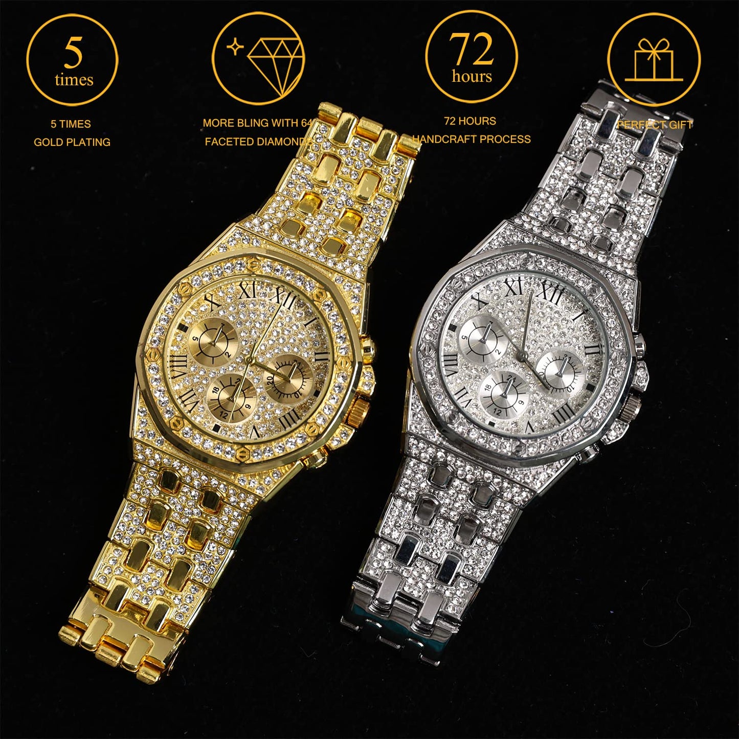 HALUKAKAH Diamonds Gold Watch, Men's 18K Real Gold Plated/White Gold Platinum 40 mm Wide Roman Numerals Dial Quartz Strap 22 cm with Cuban Link Chain 20+45 cm Necklace Bracelet with Box