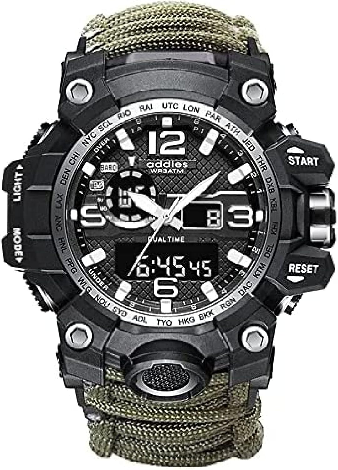 Orologio analogico militare, fischio esterno impermeabile luminoso da uomo bussola orologio da arrampicata multifunzione con cavo per ombrello, cronometro orario a doppio display