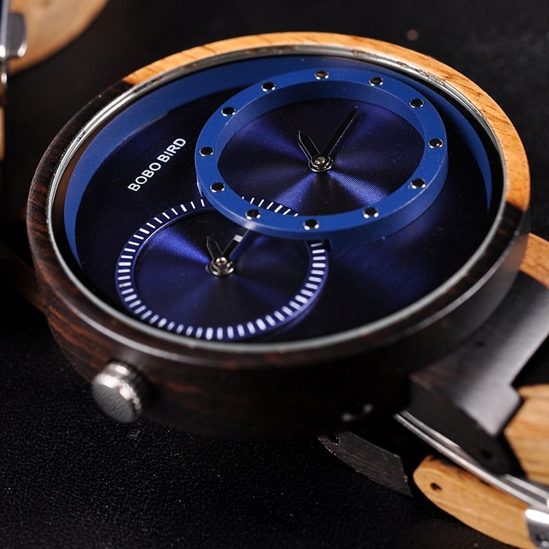 BOBO BIRD Thin Men Watch Original Wood Watches 2 Time Zone Display Quartz Wristwatch horloges mannen 
