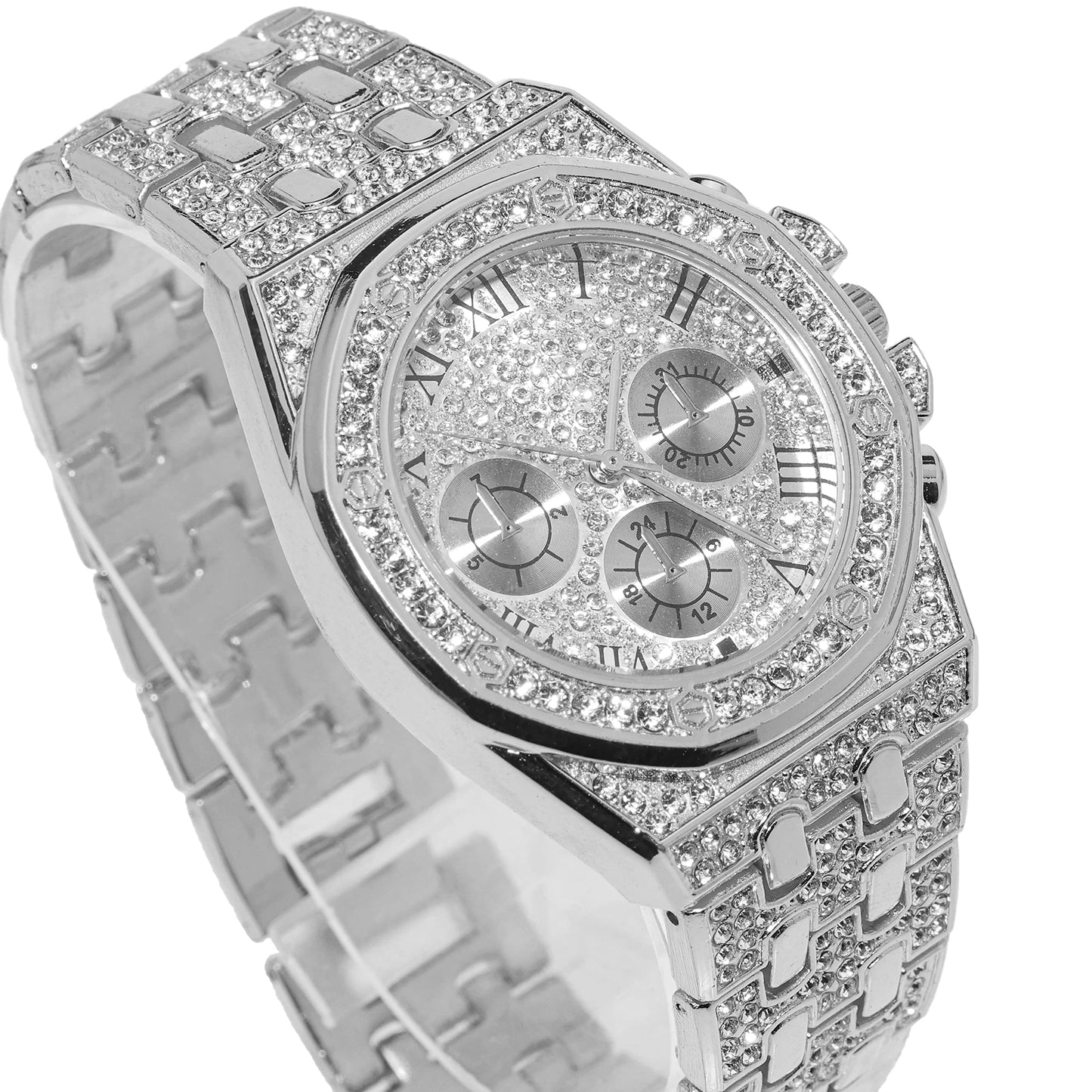 HALUKAKAH Diamonds Gold Watch, Men's 18K Real Gold Plated/White Gold Platinum 40 mm Wide Roman Numerals Dial Quartz Strap 22 cm with Cuban Link Chain 20+45 cm Necklace Bracelet with Box