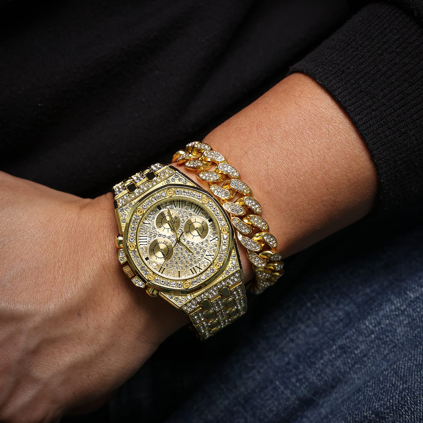 HALUKAKAH Diamonds Gold Watch, Men's 18K Real Gold Plated/White Gold Platinum 40 mm Wide Roman Numerals Dial Quartz Strap 22 cm with Cuban Link Chain 20+45 cm Necklace Bracelet with Box