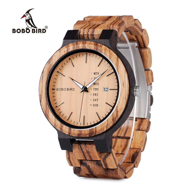 BOBOBIRD wood men's watch and day of the week date quartz watch classic two-tone wood watch