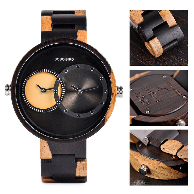 BOBO BIRD Thin Men Watch Original Wood Watches 2 Time Zone Display Quartz Wristwatch horloges mannen 
