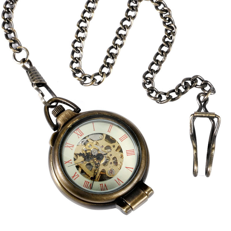 Vintage Bronze Flip Flap Red Roman Literal Manual Mechanical Pocket Watch