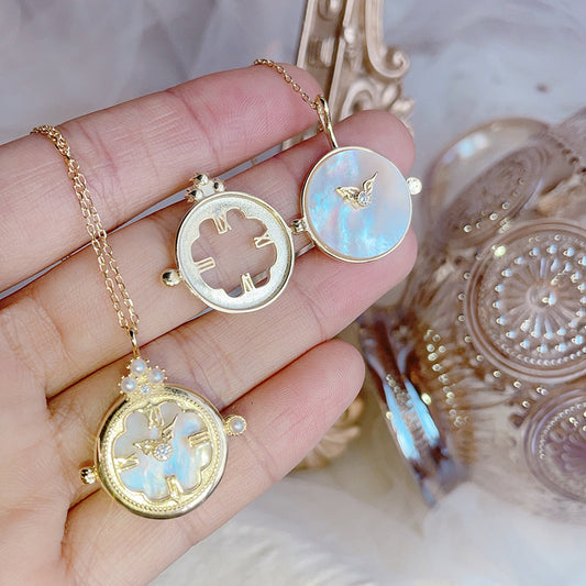 Craft Vintage Pocket Watch Necklace  Inlaid White Butterfly Shell Elegant Vintage