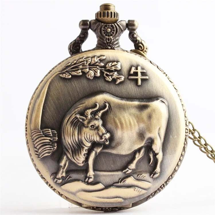 Bronze Retro Vintage Zodiac Quartz Pocket Watch
