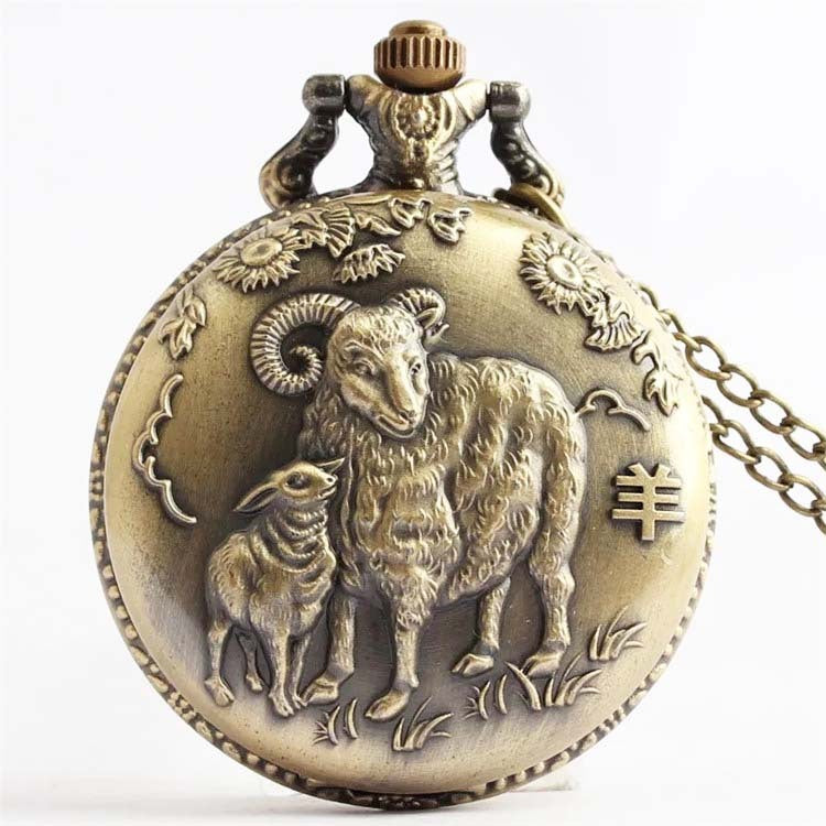 Bronze Retro Vintage Zodiac Quartz Pocket Watch