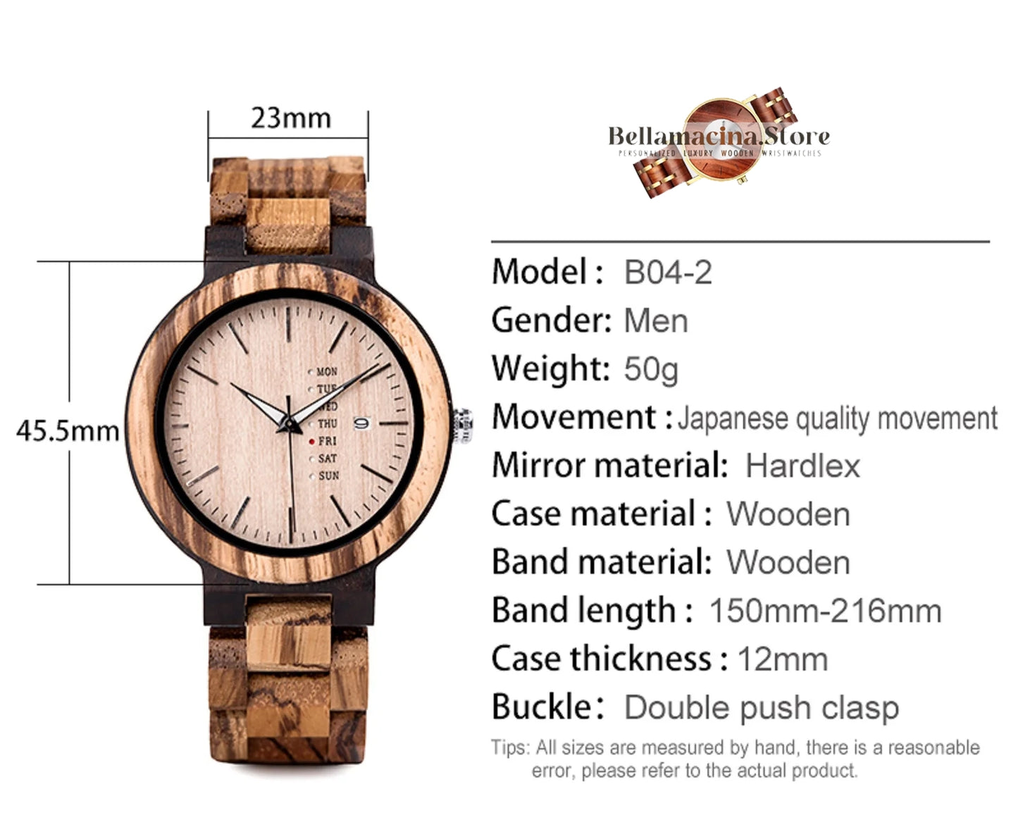 Bellamacina.Store Classic Wooden Zebrano Watch with Date Display