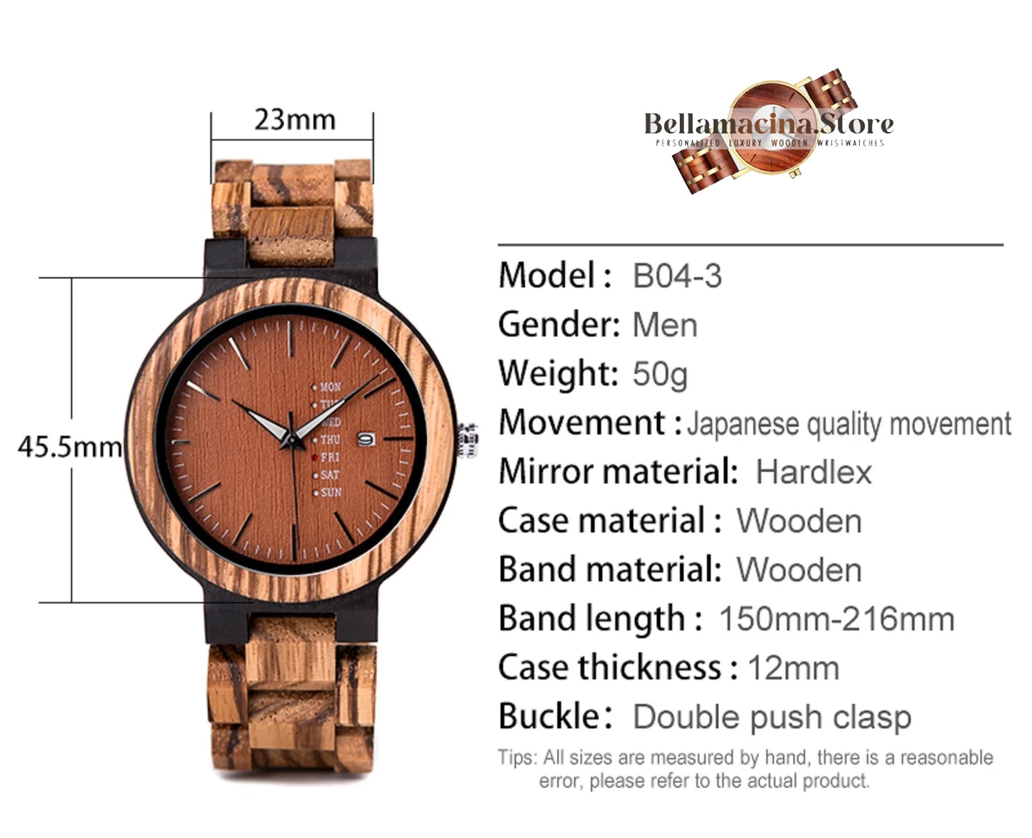 Bellamacina.Store Classic Wooden Zebrano Watch with Date Display