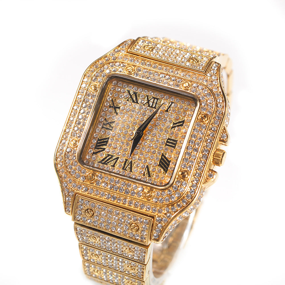 European and American hip-hop Roman scale quartz watch Fashion full diamond square dial men's watch cross-border supply