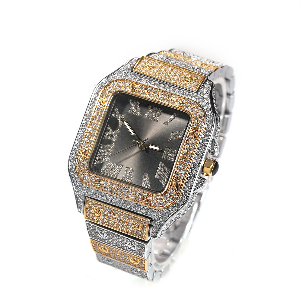 European and American hip-hop Roman scale quartz watch Fashion full diamond square dial men's watch cross-border supply